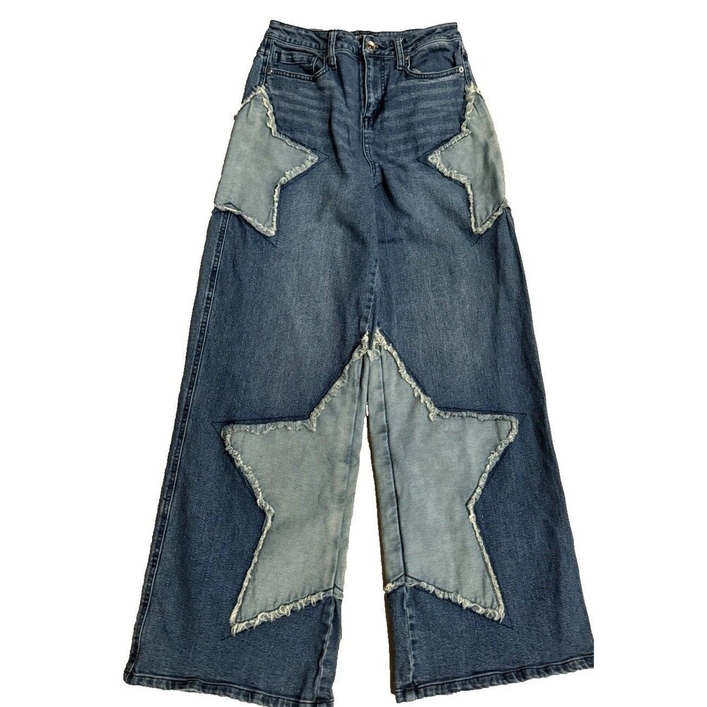 Hot Topic Star Patchwork Wide Leg Blue Denim Jeans Skate Alt Y2K Retro size 5